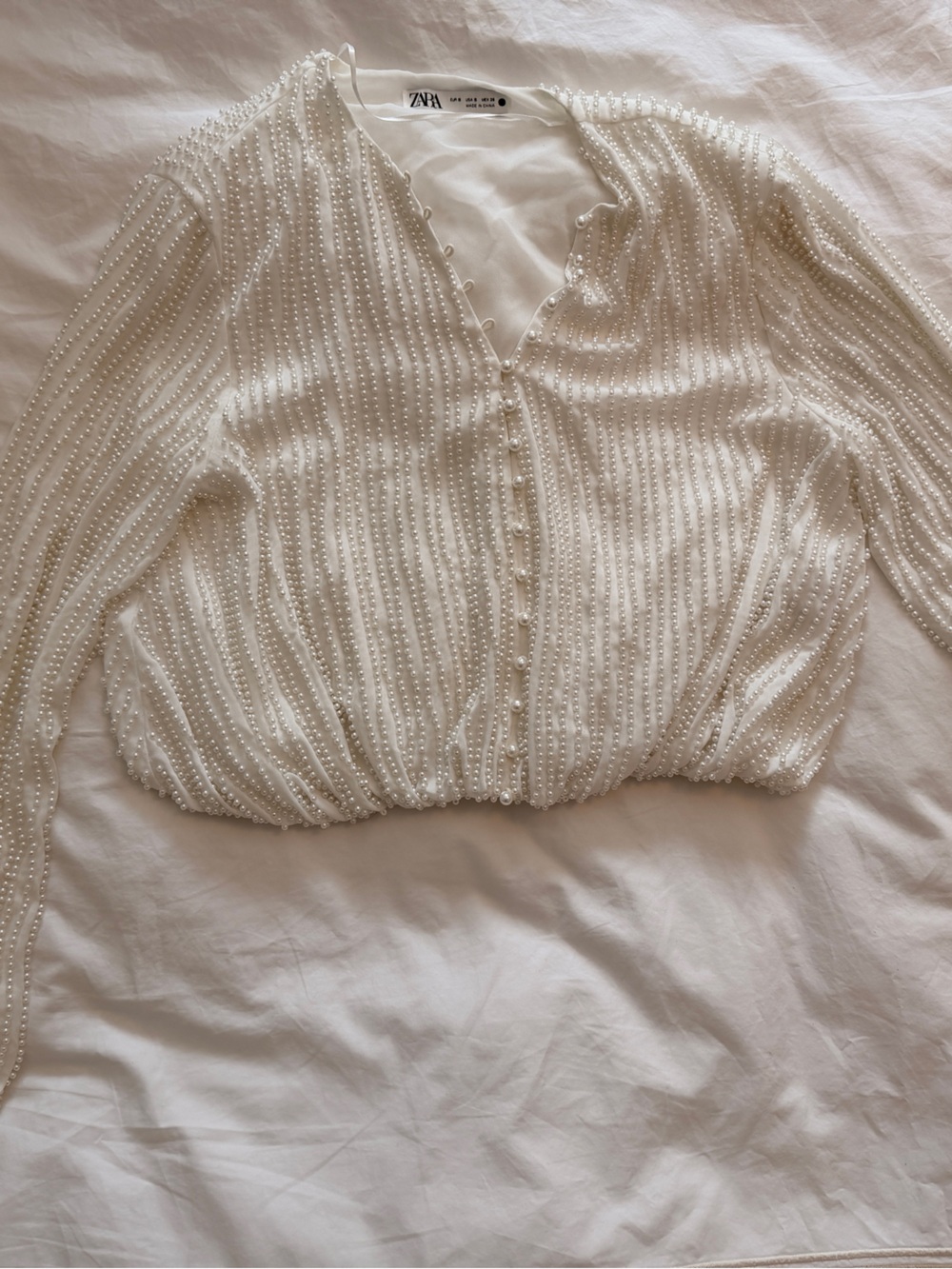 Zara Cream Pearl-Trim Knit Cardigan